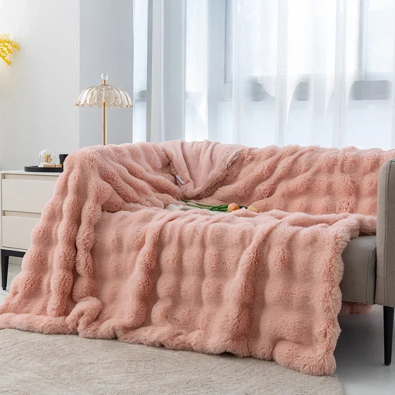 Pink Plush Imitation Rabbit Fur Throw Blanket